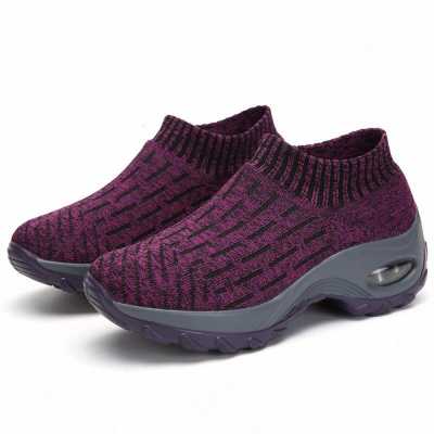 Women Air Cushion Platform Mesh Breathable Sport Sneakers Slip On Loafers Portable Knitted Elasticity Sock Casual Ladies Shoes