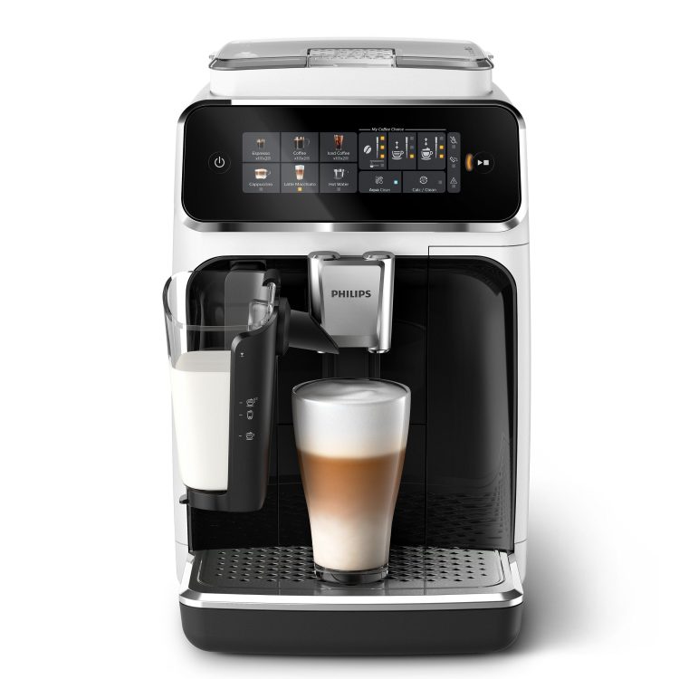 Philips Kaffeevollautomat EP3343/50 3300 Series, 6 Kaffeespezialitäten, mit LatteGo-Milchsystem, Weiß/Schwarz